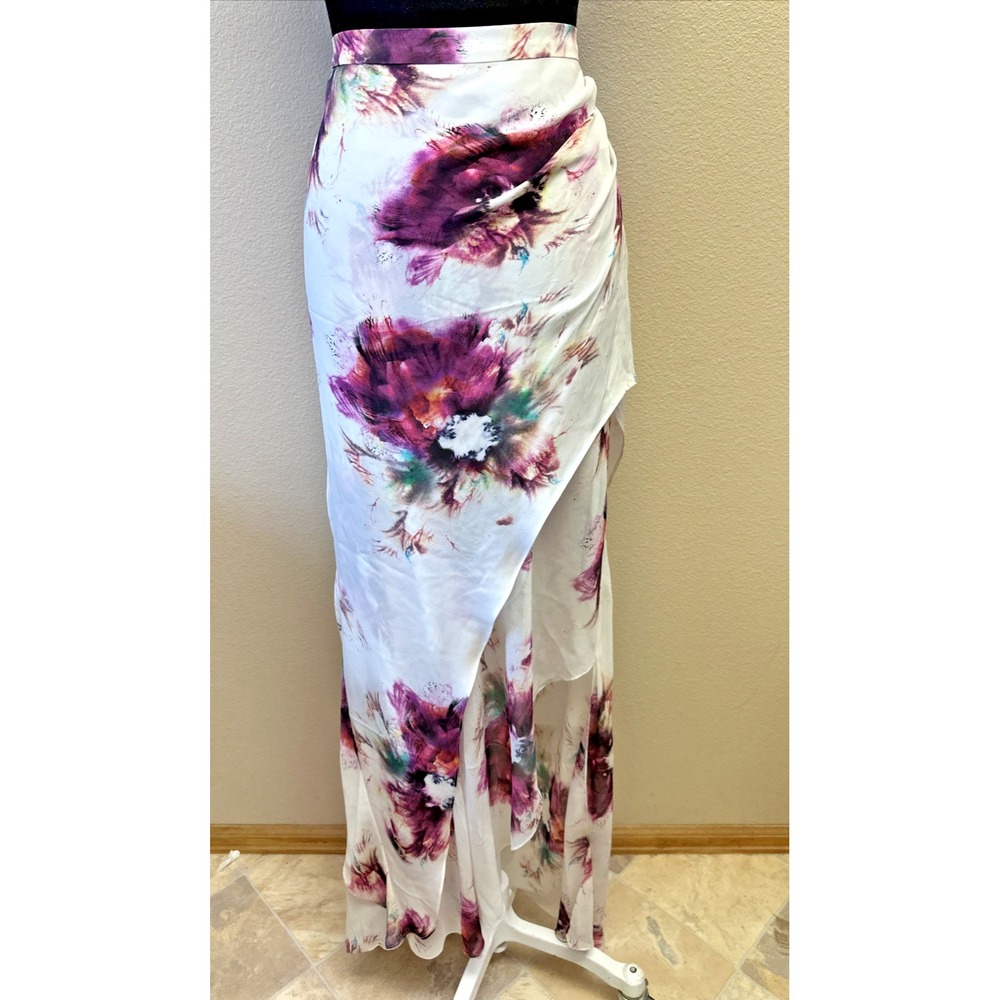 NWT Haute Hippie Silk Semi Sheer Asymmetric Maxi M Skirt Floral Romantic Tiered